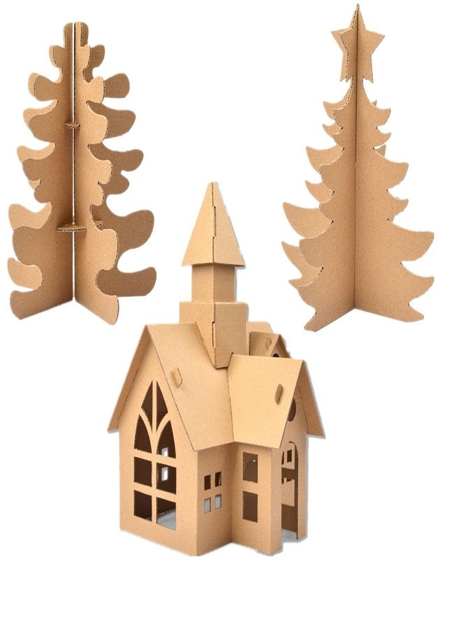 alfyng 3PCS Unfinished Cardboard Christmas Tree House Art and Craft House for Boy and Girls DIY Cookies Gingerbread DIY Crafts Cardboard Building Project for Children to Build& Paint Xmas Decor - Image 1